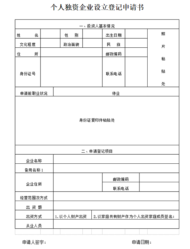 鄭州公司注冊個人獨(dú)資企業(yè)設(shè)立登記申請書模板